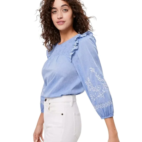 Ann Taylor LOFT Shirt Blue Floral Embroidered Ruffle Long Sleeve Smocked Medium - Picture 2 of 9
